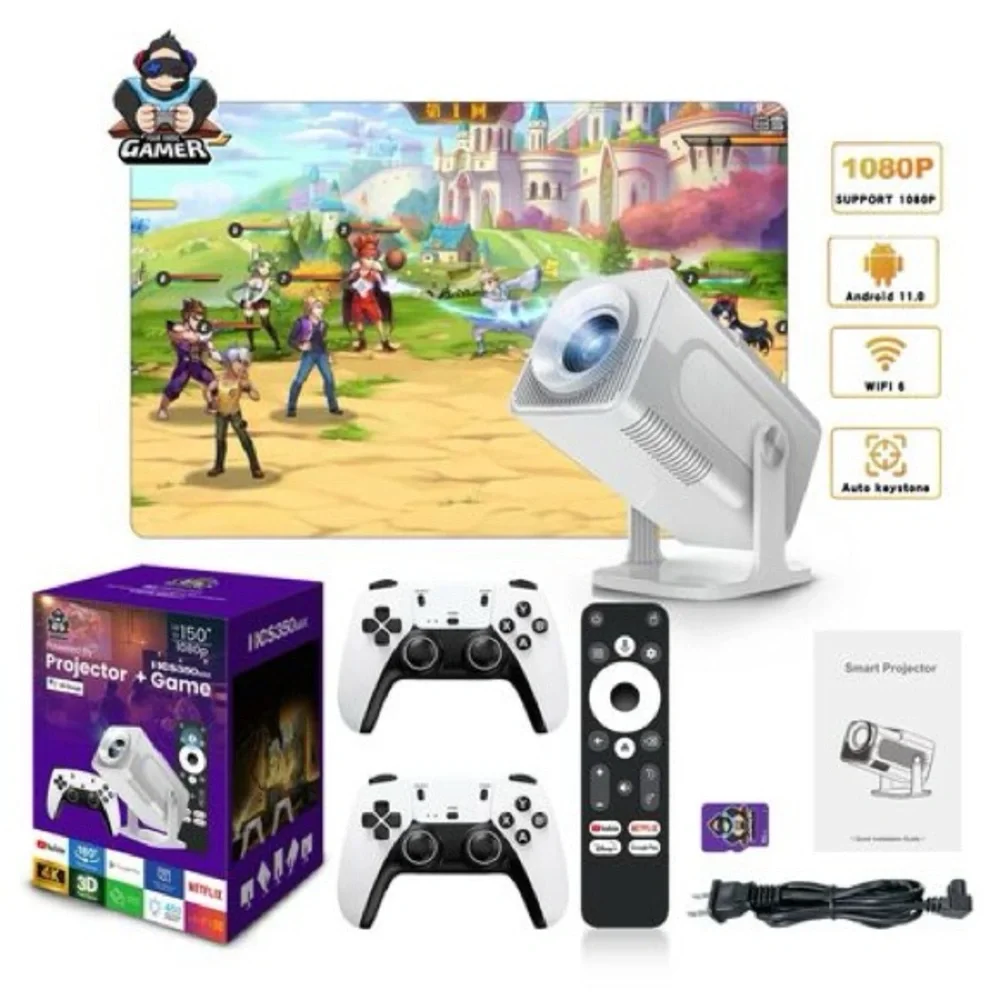 White Projector with Remote and Controllers